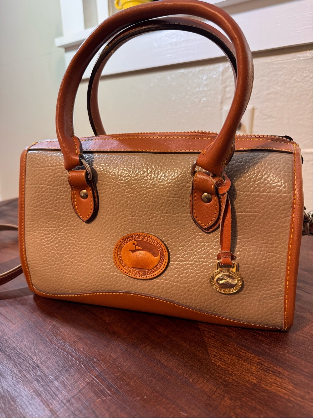 Dooney & Bourke Beige Pebble Leather Satchel with Tan Trim